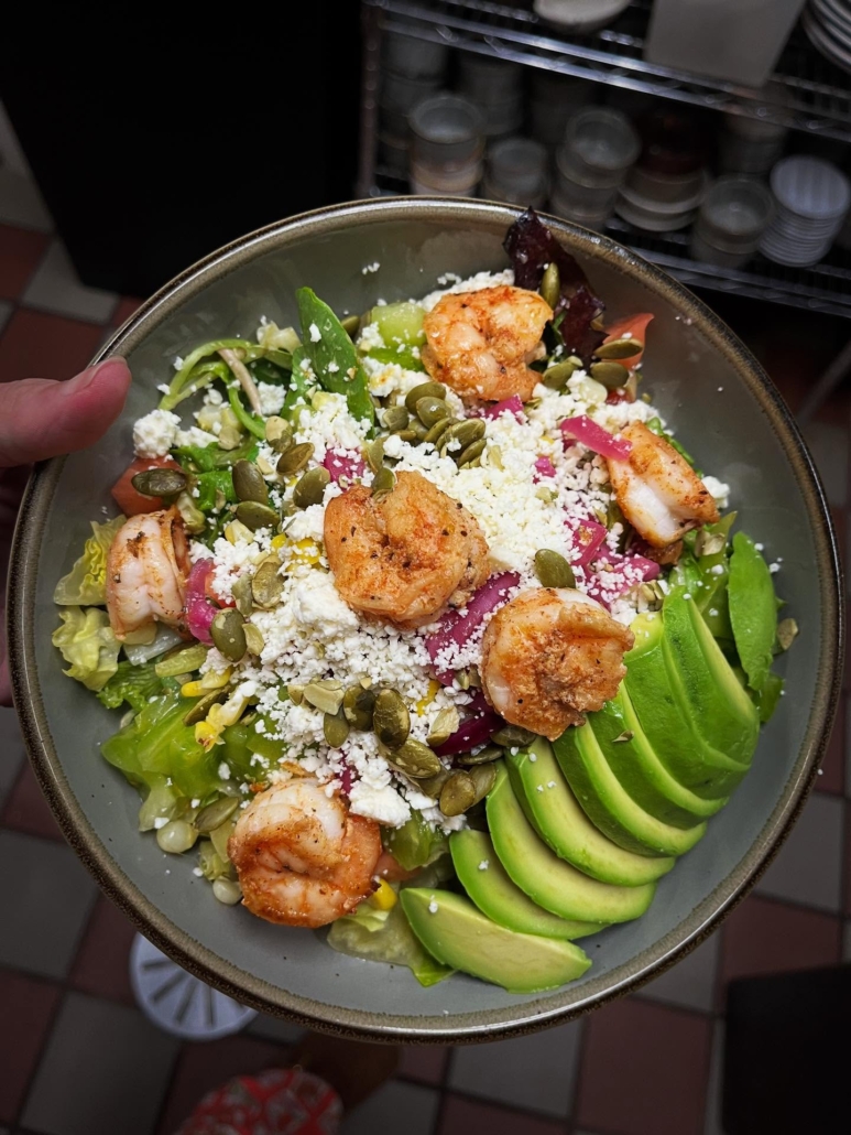 shrimp salad with avocado lettuce and cheese