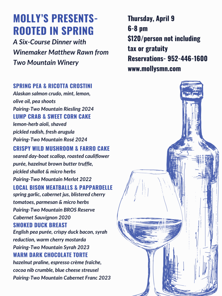 dinner menu for Rooted in Spring wine event